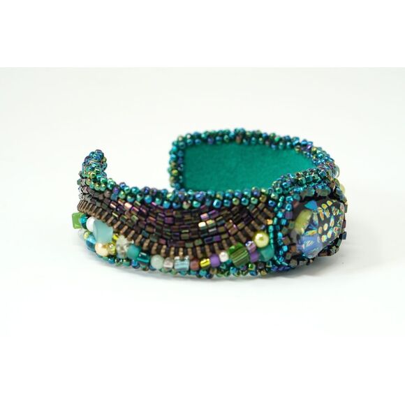 Beaded Cuff Bracelet Dichroic Glass Center Crystal Gems Zipper Hand‎ Made - Picture 4 of 9